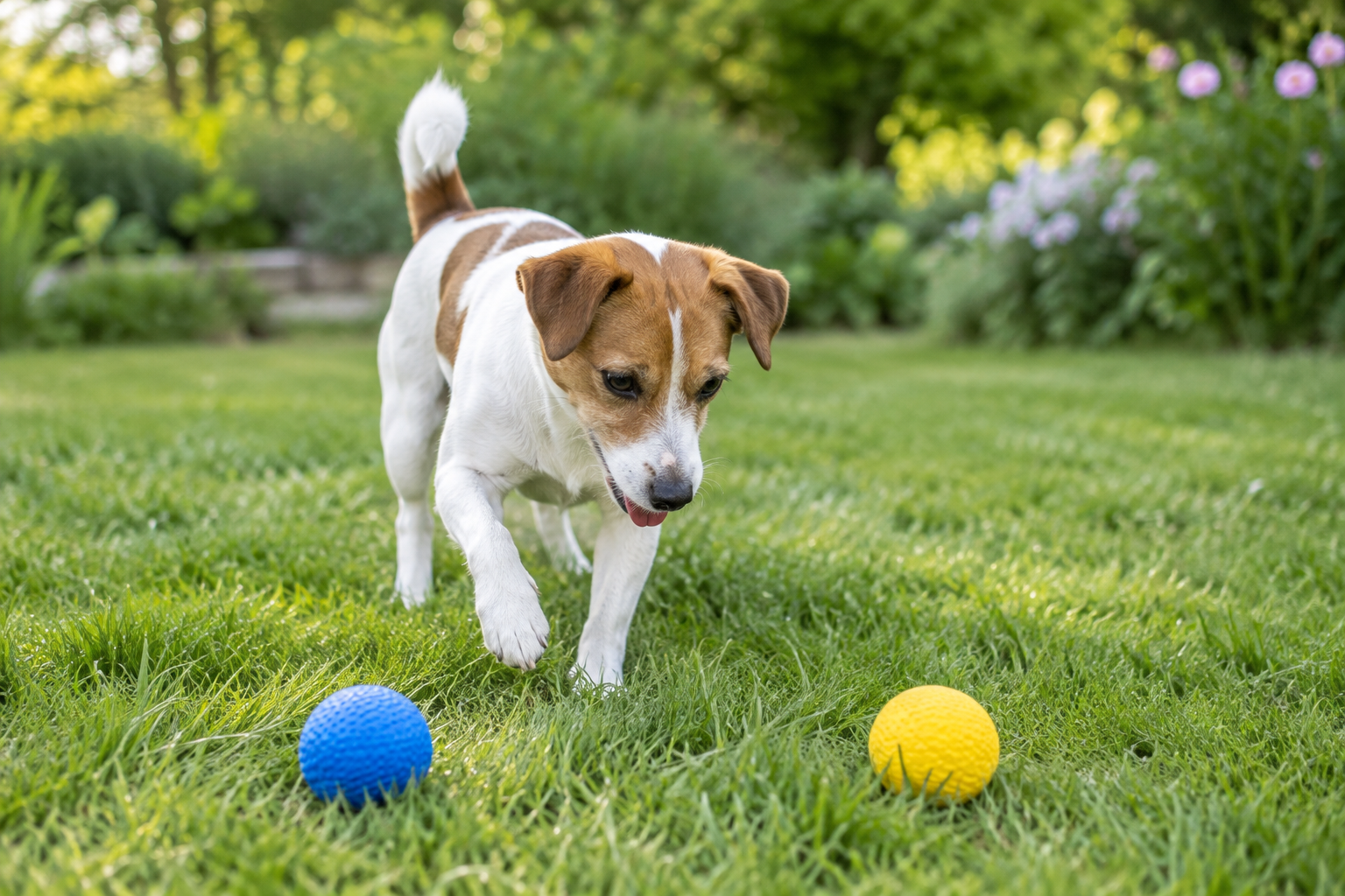 Jack russell si vyberá medzi modrou a žltou hračkou